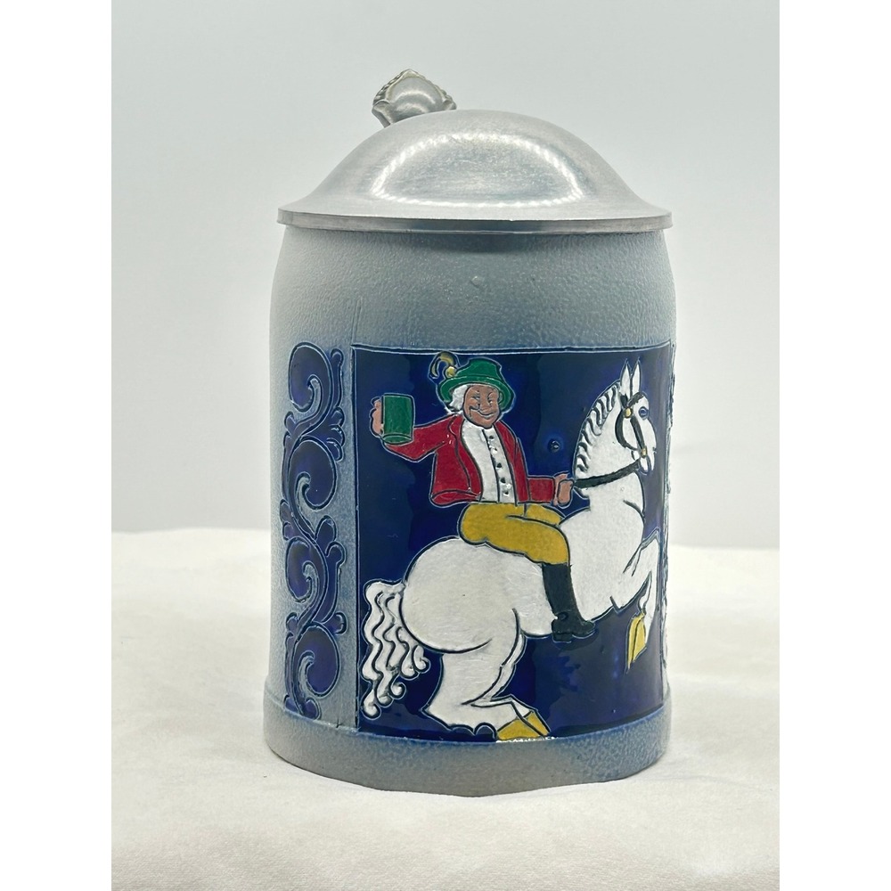 Vintage German Beer Ceramic Stein Metal Lid Man Riding Horse Ceramic Collectible